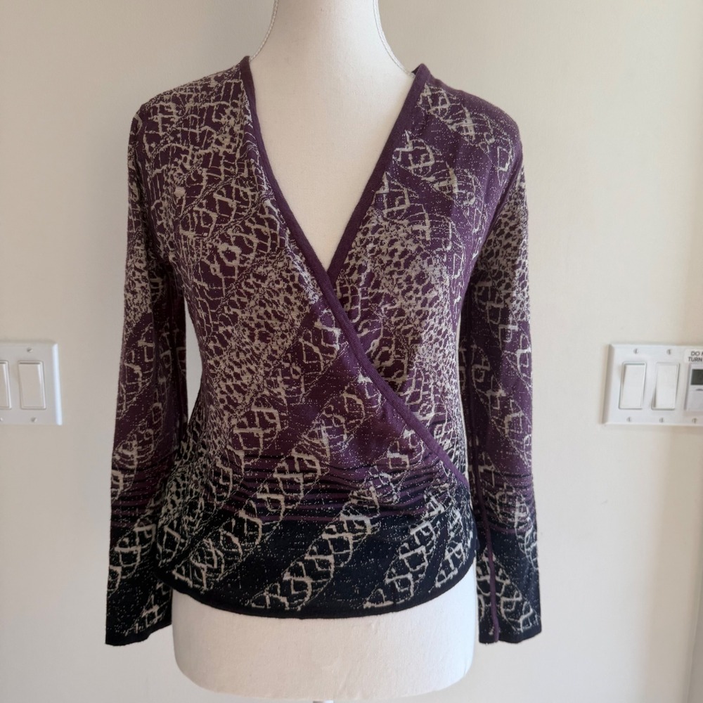 Nic+Zoe Purple Abstract Wrap Cardigan Sweater Long Sleeve Knit Womens Petite PS